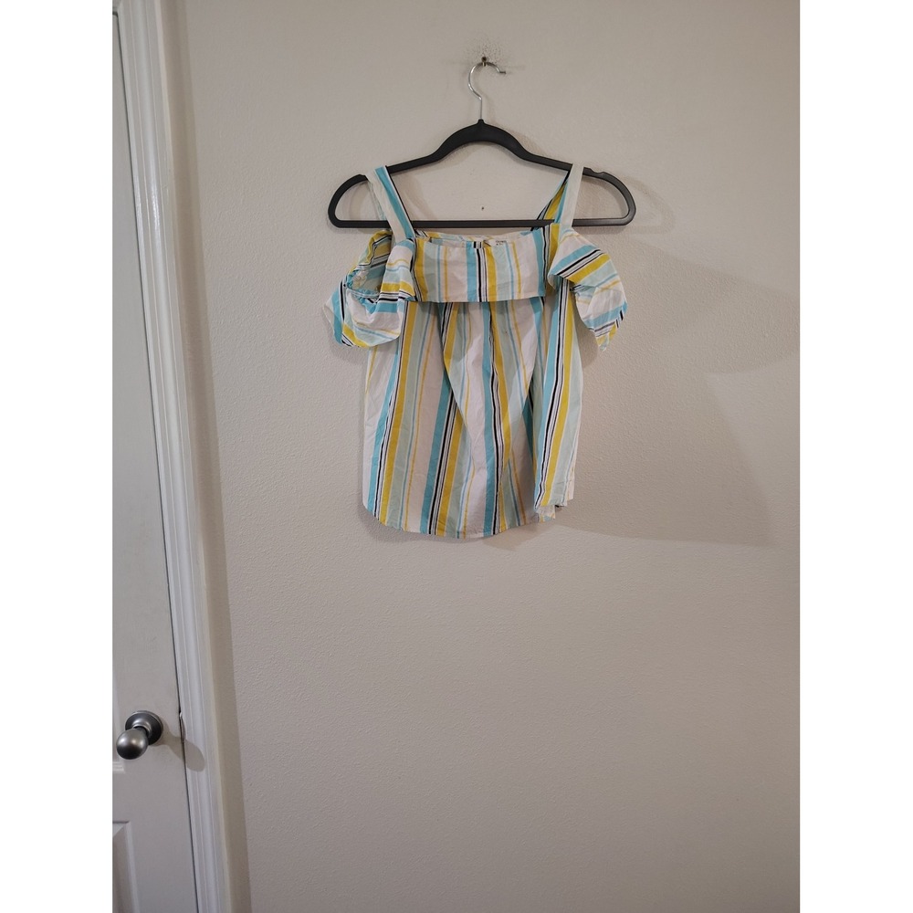 Crown & Ivy  Small Blue Yellow Striped Cold Shoulder Ruffle‎ Button Top